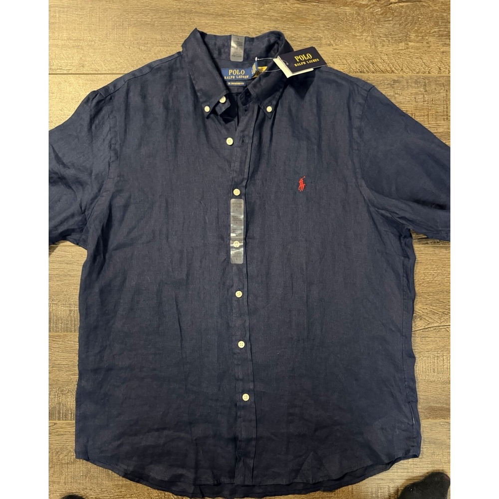 NWT Polo Ralph Lauren Mens Large 100% Linen Blue Shirt Short Sleeve Button Up